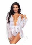 Floral Lace Teddy Thong Robe Tie Lg Wht
